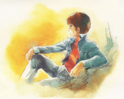 Rule 34 | 1980s (style), 1boy, amuro ray, arm support, blue jacket, brown eyes, brown hair, casual, closed mouth, denim, denim jacket, from side, gundam, hand on own knee, jacket, jeans, knee up, long sleeves, looking away, looking to the side, male focus, mobile suit gundam, official art, oldschool, open clothes, open jacket, painting (medium), pants, profile, red shirt, retro artstyle, shirt, short hair, sitting, solo, traditional media, watercolor (medium), yasuhiko yoshikazu, yellow background