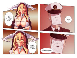 Rule 34 | 1boy, 1girl, 4koma, areola slip, avengers: endgame, avengers: infinity war, avengers (series), azur lane, blonde hair, breasts, brown background, cleavage, cleavage cutout, closed eyes, clothing cutout, comic, commander (azur lane), conversation, crying, english text, fake horns, gloves, gradient background, happy, hat, highres, horns, implacable (azur lane), large breasts, marvel, marvel cinematic universe, meme, military hat, nun, paper, parallelrey, red background, red eyes, sad, scene reference, simple background, smile, speech bubble, standing, tears, thanos