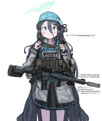 Rule 34 | 1girl, absurdly long hair, aqua halo, aris (blue archive), assault rifle, black hair, blue archive, blue eyes, bright pupils, bulletproof vest, gun, halo, highres, holding, holding gun, holding weapon, kamigumo, long hair, looking at viewer, military, pouch, rectangular halo, rifle, simple background, standing, very long hair, weapon, white background, white pupils