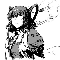 Rule 34 | 1girl, drill hair, greyscale, hair ornament, hair rings, hairpin, index finger raised, jitome, kaku seiga, looking at viewer, monochrome, parted lips, puffy short sleeves, puffy sleeves, ruukii drift, short sleeves, sketch, solo, touhou