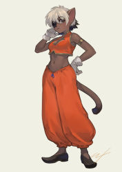 Rule 34 | 1girl, alicia priss, animal ears, armlet, cat ears, cat girl, cat tail, commentary request, cropped vest, dark-skinned female, dark skin, dyed bangs, eyepatch, furry, furry female, gloves, harem pants, highres, little tail bronx, midriff, multicolored hair, navel, nishiki areku, pants, short hair, signature, simple background, sleeveless, slippers, solo, tail, tail concerto, two-tone hair, vest