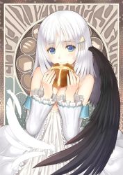Rule 34 | 1girl, bare shoulders, black wings, blue eyes, bread, breasts, cleavage, criss-cross halter, detached sleeves, dress, eyebrows, feathered wings, feathers, food, food on face, frilled sleeves, frills, hair ornament, hairclip, halterneck, highres, holding, holding food, long hair, official art, official wallpaper, panis angelicus, shining (series), shining ark, short hair, single wing, small breasts, smile, solo, star (symbol), tony taka, upper body, white dress, white hair, wings