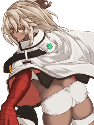 Rule 34 | 1girl, arc system works, ass, butt crack, cameltoe, cape, dark skin, elbow gloves, from behind, gloves, govsoyn, guilty gear, guilty gear strive, hat, highres, looking at viewer, medium hair, open mouth, orange eyes, platinum blonde hair, ramlethal valentine, short shorts, shorts, solo, thick thighs, thigh strap, thighs