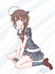 Rule 34 | 1girl, antenna hair, arm support, between legs, black skirt, black socks, blue eyes, bow, bowtie, braid, brown footwear, brown hair, chindefu, colored pencil (medium), dated, hand between legs, kantai collection, loafers, long hair, looking at viewer, pleated skirt, red bow, red bowtie, shigure (kancolle), shoes, signature, sitting, skirt, socks, solo, traditional media, wariza