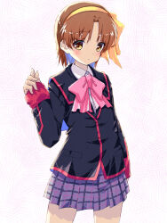 Rule 34 | 1boy, akayama yukihe, arm at side, black jacket, bow, brown hair, closed mouth, commentary, cowboy shot, eyelashes, eyes visible through hair, frown, grey skirt, hair between eyes, hairband, hand up, highres, jacket, little busters!, little busters! school uniform, looking at viewer, miniskirt, naoe riki, orange hairband, pink bow, plaid, plaid skirt, pleated skirt, school uniform, short hair, sidelighting, simple background, skirt, sleeves past wrists, solo, standing, trap, white background, yellow eyes