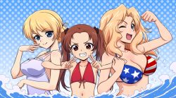 Rule 34 | 10s, 3girls, ;d, american flag, american flag bikini, american flag print, bikini, blonde hair, blue eyes, braid, brown eyes, brown hair, casual one-piece swimsuit, darjeeling (girls und panzer), double v, flag print, flat chest, front-tie top, girl sandwich, girls und panzer, grin, hair ribbon, kadotani anzu, kay (girls und panzer), locked arms, long hair, looking at viewer, multiple girls, navel, one-piece swimsuit, one eye closed, open mouth, polka dot, polka dot background, print bikini, red bikini, ribbon, sandwiched, shinmai (kyata), short hair, smile, standing, swimsuit, twintails, v, water