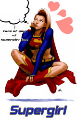 Rule 34 | 1girl, belt, blonde hair, blue eyes, blue skirt, boots, cape, character name, dc comics, english text, engrish text, floating, heart, kryptonian, crossed legs, long hair, midriff, miniskirt, ranguage, red cape, red footwear, s shield, shoes, sitting, skirt, solo, supergirl, superman (series), tank top, wakino keibun