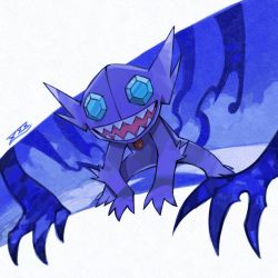 Rule 34 | :d, aqua eyes, commentary request, creatures (company), game freak, gem, gen 3 pokemon, looking at viewer, nintendo, no humans, one-hour drawing challenge, open mouth, oyasuminjyutsu, pokemon, pokemon (creature), sableye, sharp teeth, signature, smile, solo, teeth