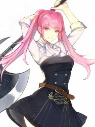 Rule 34 | 1girl, arms up, axe, belt, closed mouth, fire emblem, fire emblem: three houses, highres, hilda valentine goneril, holding, holding axe, long hair, machi wt, nintendo, pink eyes, pink hair, short sleeves, simple background, solo, twintails, uniform, upper body, white background