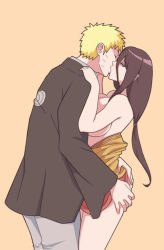 Rule 34 | 1boy, 1girl, ass, ass grab, blonde hair, boruto: naruto next generations, breast press, breasts, brother-in-law, brown hair, cheating (relationship), facial mark, highres, huge breasts, hyuuga hanabi, imminent penetration, indy rique, kiss, large breasts, long hair, naruto (series), short hair, simple background, standing, uzumaki naruto, whisker markings