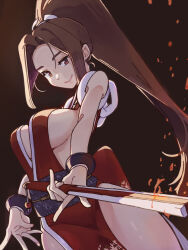 Rule 34 | 1girl, breasts, brown background, brown eyes, brown hair, cowboy shot, fatal fury, fire, hand fan, high ponytail, highres, holding, holding fan, japanese clothes, kimono, looking at viewer, ooiwa (irc14786149), pelvic curtain, red kimono, revealing clothes, shiranui mai, smile, snk, solo, the king of fighters, the king of fighters xv