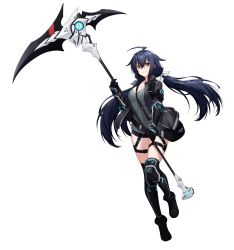 Rule 34 | 1girl, absurdres, ahoge, alpha transparency, bag, between breasts, black footwear, black gloves, black hair, breasts, cleavage, closed mouth, counter:side, dash (counter:side), full body, gloves, highres, holding, holding scythe, kneehighs, long hair, official art, scythe, smile, socks, solo, strap between breasts, tachi-e, transparent background, twintails, yellow eyes