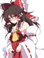 Rule 34 | 1girl, ascot, bow, brown eyes, brown hair, chest sarashi, collared shirt, commentary request, detached sleeves, frilled bow, frilled shirt collar, frills, hair bow, hakurei reimu, highres, ichimura kanata, long hair, red bow, red shirt, red skirt, red vest, ribbon-trimmed sleeves, ribbon trim, sarashi, shirt, shirt tug, sidelocks, simple background, skirt, sleeveless, sleeveless shirt, solo, touhou, vest, white background, white sleeves, wide sleeves, yellow ascot