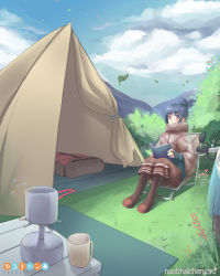 Rule 34 | 1girl, absurdres, artist name, backpacking stove, blanket, blue eyes, blue hair, blue sky, book, boots, camping, chair, cloud, coffee mug, copyright name, cup, day, fingerless gloves, flower, folding chair, gloves, grass, hair bun, highres, leaf, long sleeves, looking at viewer, mountain, mug, naobhal, open book, outdoors, parted lips, portable stove, reading, shima rin, short hair, single hair bun, sitting, sky, sleeping bag, solo, table, tent, yurucamp