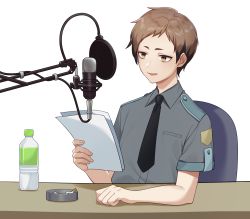 Rule 34 | 1boy, ashtray, black necktie, bottle, brown eyes, brown hair, cigarette, collared shirt, commission, copyright request, dress shirt, grey shirt, highres, holding, holding paper, looking away, male focus, microphone, necktie, paper, parted lips, sakura chiyo (konachi000), shirt, short eyebrows, short sleeves, simple background, smile, solo, thick eyebrows, upper body, virtual youtuber, water bottle, white background
