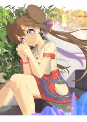 Rule 34 | 1girl, ankea (a-ramo-do), blue eyes, bow, bracelet, brick wall, bright pupils, brown hair, closed mouth, collared dress, collared shirt, creatures (company), double bun, dress, game freak, hair between eyes, hair bun, hair ornament, hair ribbon, highres, jewelry, knees together feet apart, long hair, looking at viewer, miniskirt, nintendo, own hands clasped, own hands together, pink bow, plant, pocket, pokemon, pokemon bw2, red button, red sleeves, ribbon, rosa (pokemon), school uniform, serafuku, shadow, shirt, short sleeves, sitting, skirt, smile, solo, vines, water drop, white legwear, white pupils, white shirt