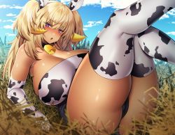 Rule 34 | 1girl, animal ears, animal print, ass, bare shoulders, bell, blonde hair, blush, breasts, cleavage, cow ears, cow print, cow print armwear, cow print sleeves, cow print thighhighs, curvy, dark-skinned female, dark elven forest ranger, dark skin, fake animal ears, highres, horns, huge breasts, last origin, long hair, nanami neru, open mouth, outdoors, print thighhighs, purple eyes, sky, solo, tagme, thick thighs, thighhighs, thighs