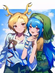 Rule 34 | 2girls, antlers, arm ribbon, artist name, black ribbon, blonde hair, blue hair, blue ribbon, blue shirt, chinese commentary, closed mouth, colored eyelashes, commentary request, corydalis, frilled headwear, frills, green headwear, green skirt, haniyasushin keiki, head scarf, highres, holding hands, horns, kicchou yachie, lofter username, long hair, multiple girls, open mouth, pink eyes, red eyes, ribbon, shirt, short hair, skirt, sleeves past elbows, smile, teeth, touhou, upper teeth only, yellow shirt