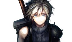 Rule 34 | 1boy, asukichi (h-asumint), blonde hair, blue eyes, buster sword, closed mouth, cloud strife, final fantasy, final fantasy vii, highres, male focus, shoulder pads, shoulder spikes, sleeveless, solo, spiked hair, spikes, sweater, sword, upper body, weapon