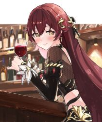 Rule 34 | 1girl, alcohol, arin (1010 ssu), black sleeves, blush, brown eyes, brown hair, closed mouth, commentary request, cup, detached sleeves, drinking glass, eden (honkai impact), from side, hair between eyes, highres, holding, holding cup, honkai (series), honkai impact 3rd, juliet sleeves, long hair, long sleeves, looking at viewer, looking to the side, puffy sleeves, smile, solo, very long hair, wine, wine glass