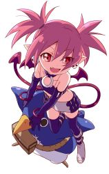 Rule 34 | 1girl, armlet, bare shoulders, bat wings, belt, belt boots, boots, bra, choker, collar, collarbone, demon tail, disgaea, earrings, elbow gloves, etna (disgaea), fang, fanny pack, flat chest, gloves, grey footwear, highres, jewelry, knee boots, leaning on person, leg support, looking at viewer, makai senki disgaea, miniskirt, namori, o-ring, o-ring choker, open mouth, pointy ears, prinny, red eyes, red hair, red tail, red wings, skirt, skull earrings, tail, thighhighs, thighhighs under boots, twintails, underwear, wings