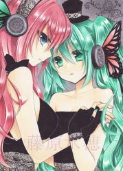 Rule 34 | 2girls, aqua eyes, aqua hair, aqua nails, arm grab, bare arms, bare shoulders, black bow, black dress, black gloves, black hat, blue eyes, bow, breasts, butterfly hair ornament, cleavage, collarbone, couple, dress, eyes visible through hair, female focus, fingerless gloves, fujiwara minaho, gloves, hair between eyes, hair ornament, hat, hatsune miku, headphones, holding hands, hug, long hair, looking at viewer, looking back, magnet (vocaloid), marker (medium), medium breasts, megurine luka, mini hat, mini top hat, multiple girls, nail polish, neck, parted lips, pink hair, pink nails, sideboob, small breasts, strapless, strapless dress, striped clothes, striped dress, top hat, traditional media, twintails, upper body, very long hair, vocaloid, watermark, wavy hair, yuri