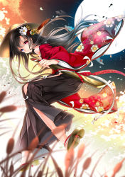 Rule 34 | 1girl, ass, bare shoulders, black hair, cherry blossoms, clothing cutout, cloud, feet, flower, flower ornament, geta, hair ornament, hakama, hakama skirt, hat, heterochromia, highres, holding, japanese clothes, juna, kimono, leg cutout, legs up, long hair, long sleeves, looking at viewer, looking back, moon, open mouth, original, paddle, petals, reeds, rice hat, sandals, skirt, sky, solo, very long hair, wide sleeves