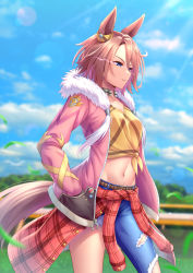 Rule 34 | 1girl, animal ears, asymmetrical clothes, blouse, blue eyes, blue sky, blurry, blurry background, breasts, brown hair, cleavage, clothes around waist, cloud, collarbone, commentary, cowboy shot, day, denim, ear ornament, fur-trimmed jacket, fur trim, glowing, glowing eye, grass, groin, hair between eyes, hand in pocket, highres, horse ears, horse girl, horse racing track, horse tail, horseshoe ornament, jacket, jacket around waist, jeans, long sleeves, midriff, narita taishin (umamusume), navel, open clothes, open jacket, outdoors, pants, parted lips, pink jacket, pixie cut, plaid, plaid jacket, red jacket, shirt, short hair, sidelocks, sideways mouth, single pantsleg, sky, small breasts, solo, standing, tail, tied shirt, torn clothes, torn pants, umamusume, yellow shirt, yuunagi (0217), zipper pull tab