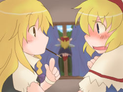 Rule 34 | 2girls, alice margatroid, blonde hair, blue eyes, blue sky, blush, capelet, cloud, curtains, eye contact, fairy wings, female focus, food, hairband, indoors, kirisame marisa, looking at another, mouth hold, multiple girls, nose blush, open mouth, pocky, profile, shanghai doll, sky, toto (hitori othello), touhou, upper body, window, wings, yellow eyes, yuri
