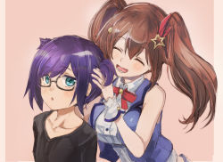 Rule 34 | 2girls, a-chan (hololive), alternate hairstyle, asymmetrical bangs, black shirt, blue eyes, blue jacket, blush, bow, bowtie, breasts, brown hair, closed eyes, collared shirt, cropped jacket, glasses, hair between eyes, hair ornament, hair ribbon, hand in another&#039;s hair, hololive, jacket, looking at another, medium breasts, medium hair, multiple girls, open mouth, parted bangs, pink background, purple hair, red neckwear, ribbon, shirt, short hair, short twintails, simple background, sleeveless, sleeveless jacket, small breasts, smile, star (symbol), star hair ornament, swept bangs, t-shirt, tokino sora, tokino sora (1st costume), twintails, twintails day, upper body, virtual youtuber, white shirt, wing collar, wrist cuffs, yohane