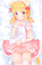Rule 34 | 1girl, animal ears, apron, blush, clothes lift, commentary request, cowboy shot, dress, dress lift, finger to cheek, flat chest, frilled hairband, frills, grey eyes, hair ribbon, hairband, highres, index finger raised, lifted by self, lying, maid, medium hair, mutou mato, on back, orange hair, original, panties, parted lips, pink dress, pink panties, pink ribbon, plaid, plaid dress, puffy short sleeves, puffy sleeves, ribbon, short sleeves, short twintails, skindentation, thighhighs, twintails, underwear, white apron, wrist cuffs