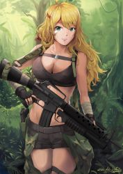 Rule 34 | 1girl, aai corporation, airtronic usa, assault rifle, bandage on face, bandaged arm, bandages, bandana, bare shoulders, blonde hair, breasts, camouflage, cleavage, colt&#039;s manufacturing company, colt defense, cowboy shot, crop top, diemaco, dirty, dirty face, dog tags, finger on trigger, fingerless gloves, gloves, green eyes, grenade launcher, gun, gun sling, handgun, highres, hiroki ree, holstered, hoshii miki, idolmaster, idolmaster (classic), jungle, knight&#039;s armament company, lewis machine and tool company, long hair, looking at viewer, m16, m16a1, m1911, m203, medium breasts, nature, outdoors, plant, rifle, rm equipment, short shorts, shorts, solo, tagme, tree, u.s. ordnance, underbarrel grenade launcher, weapon
