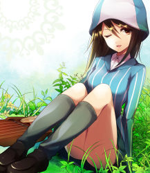 Rule 34 | 10s, 1girl, blue footwear, blue hat, blue shirt, brown eyes, brown hair, commentary request, day, dress shirt, dutch angle, full body, genso (wasouoil), girls und panzer, grass, grey skirt, grey socks, hat, instrument, kantele, keizoku school uniform, loafers, long hair, long sleeves, looking at viewer, mika (girls und panzer), miniskirt, one eye closed, outdoors, parted lips, pleated skirt, school uniform, shirt, shoes, sitting, skirt, smile, socks, solo, striped clothes, striped shirt, thighs, vertical-striped clothes, vertical-striped shirt, white shirt