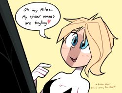 Rule 34 | 1boy, 1girl, blonde hair, blue eyes, blush, english text, erection, gwen stacy, looking at penis, marvel, miles morales, miscon, open mouth, penis awe, penis shadow, shadow, side cut, simple background, smile, spider-gwen, spider-man: into the spider-verse, spider-man (series), spider-verse, yellow background