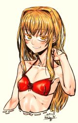 Rule 34 | 1girl, bare arms, bare shoulders, blonde hair, blush, covered erect nipples, cropped torso, dated, female focus, flat chest, hair intakes, halterneck, hand up, highres, kotoba noriaki, long hair, original, signature, simple background, skinny, smile, solo, upper body, white background, yellow eyes