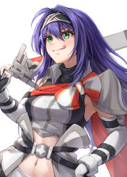 Rule 34 | 1girl, :q, black hairband, breasts, commentary request, elbow gloves, fire emblem, fire emblem: radiant dawn, fire emblem heroes, gloves, green eyes, hairband, holding, holding sword, holding weapon, long hair, medium breasts, mia (fire emblem), navel, nintendo, over shoulder, purple hair, smile, solo, sword, ten (tenchan man), tongue, tongue out, upper body, very long hair, weapon, weapon over shoulder