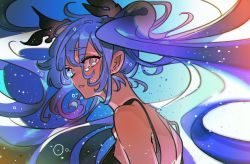 Rule 34 | 1girl, bad id, bad pixiv id, blue hair, bubble, floating hair, from behind, grey eyes, hatsune miku, haun, highres, long hair, looking at viewer, looking back, parted lips, shinkai shoujo (vocaloid), solo, tears, upper body, vocaloid
