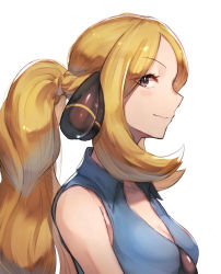Rule 34 | 1girl, blonde hair, blue shirt, breasts, cleavage, closed mouth, commentary request, creatures (company), cynthia (pokemon), eyelashes, eyes visible through hair, from side, game freak, grey eyes, hair ornament, highres, light blush, long hair, looking at viewer, nintendo, odd (hin yari), pokemon, pokemon (anime), pokemon bw (anime), shirt, sleeveless, sleeveless shirt, smile, solo, upper body, white background