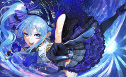 Rule 34 | 1girl, :d, absurdres, ascot, beret, black gloves, black thighhighs, blue ascot, blue eyes, blue hair, blue nails, blue theme, crown, foreshortening, gloves, hair between eyes, hat, highres, hololive, hoshimachi suisei, hoshimachi suisei (1st costume), long hair, looking at viewer, microphone, mini crown, nail polish, nakauma, open mouth, partially fingerless gloves, side ponytail, single thighhigh, smile, solo, star (symbol), star in eye, symbol in eye, thighhighs, v, virtual youtuber