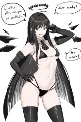 Rule 34 | 1girl, absurdres, ahoge, arknights, armpit crease, ascot, bare hips, bare shoulders, bikini, black ascot, black bikini, black eyes, black gloves, black hair, black halo, black thighhighs, black wings, blunt bangs, breasts, broken halo, cleavage, collar, commentary, cowboy shot, dark halo, detached collar, detached sleeves, detached wings, elbow gloves, energy wings, english commentary, english text, gladius pvp, gloves, gluteal fold, halo, hand in own hair, hand on own hip, hand up, highleg, highleg bikini, highleg swimsuit, highres, hime cut, insulting viewer, long hair, long sleeves, looking at viewer, medium breasts, mole, mole under eye, navel, o-ring, o-ring bottom, open mouth, pale skin, presenting, presenting swimsuit, ribs, sideboob, sidelocks, simple background, skindentation, skinny, smile, smug, solo, speech bubble, stomach, swimsuit, teeth, thighhighs, thighs, tongue, underboob, upper teeth only, v-shaped eyebrows, variant set, very long hair, virtuosa (arknights), white background, white collar, wide hips, wing collar, wings