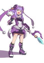 Rule 34 | 1girl, armor, armored dress, blue eyes, boots, cosplay, hair ornament, looking at viewer, neptune (neptunia), neptune (series), phantasy star, phantasy star online 2, polearm, purple hair, segamark, shield, simple background, smile, solo, spear, weapon, wiola magica