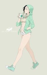 Rule 34 | 1girl, absurdres, aqua eyes, bare legs, bikini, bikini top only, bikini under clothes, black hair, blue eyes, breasts, brown background, drinking, drinking straw, expressionless, full body, green footwear, green jacket, hand in pocket, highres, jacket, kamezaemon, legs, long sleeves, looking away, looking up, medium breasts, multicolored hair, navel, no socks, open clothes, open jacket, original, shoes, short hair, short shorts, shorts, simple background, solo, stomach, strap gap, streaked hair, striped bikini, striped bikini top, striped clothes, swimsuit, walking, white hair, white shorts