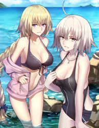 Rule 34 | 2girls, ahoge, bare shoulders, beach, bikini, bikini under clothes, black one-piece swimsuit, blonde hair, braid, breasts, cleavage, clothes pull, collarbone, day, fate/apocrypha, fate/grand order, fate (series), highres, hip focus, hood, hoodie, jacket, jeanne d&#039;arc (fate), jeanne d&#039;arc (ruler) (fate), jeanne d&#039;arc (white cruising) (fate), jeanne d&#039;arc alter (avenger) (fate), jeanne d&#039;arc alter (fate), jewelry, large breasts, long braid, long hair, low-tied long hair, multiple girls, navel, necklace, ocean, one-piece swimsuit, one-piece swimsuit pull, open clothes, open jacket, open mouth, outdoors, pale skin, pink jacket, purple bikini, purple eyes, rock, shigure s, short hair, silver hair, single braid, smile, swimsuit, very long hair, wading, yellow eyes