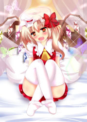 Rule 34 | 1girl, ascot, bad id, bad pixiv id, bed, blonde hair, bug, butterfly, canopy bed, artistic error, fangs, female focus, flandre scarlet, hat, hat ribbon, head tilt, highres, insect, md5 mismatch, no shoes, on bed, open mouth, pillow, red eyes, ribbon, rika-tan (rikatantan), shirt, side ponytail, sitting, skirt, skirt set, smile, solo, sparkle, thighhighs, touhou, white thighhighs, wings