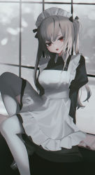 Rule 34 | 1girl, :d, absurdres, apron, black dress, black nails, breasts, dress, fangs, frilled apron, frills, grey hair, highres, indoors, juliet sleeves, long hair, long sleeves, looking at viewer, maid, maid headdress, medium breasts, migihidari (puwako), nail polish, open mouth, original, puffy sleeves, red eyes, sitting, smile, solo, thighhighs, two side up, white apron, white thighhighs, window, windowsill