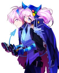 Rule 34 | 1boy, 1girl, bad id, bad pixiv id, belt, blue eyes, blue hair, blush stickers, carrying, chiliarch (elsword), ciel (elsword), collared shirt, demon tail, dreadlord (elsword), elsword, fang, fang out, hair ornament, hairclip, hood, jacket, luciela r. sourcream, mellchi, multicolored hair, pantyhose, piggyback, pin, shirt, striped clothes, striped legwear, striped pantyhose, symbol-shaped pupils, tail, twintails, two-tone hair, vest, white background, white hair