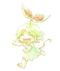 Rule 34 | 1girl, :d, ^ ^, barefoot, chibi, closed eyes, dress, full body, green dress, green hair, happy, light blush, lowres, open mouth, original, outstretched arms, plant, plant on head, pointy ears, rakuni, running, short hair, simple background, smile, solo, venus flytrap