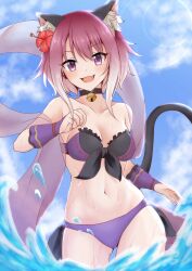 Rule 34 | 1girl, :d, absurdres, animal ear fluff, animal ears, bare shoulders, bell, bikini, breasts, bridal gauntlets, cat ears, cat girl, cat tail, chakuro96, commentary request, flower, front-tie bikini top, front-tie top, gluteal fold, hair flower, hair ornament, highres, jingle bell, looking at viewer, medium breasts, navel, neck bell, official alternate costume, open mouth, princess connect!, purple bikini, purple eyes, ribbon-trimmed bikini, shawl, short hair, smile, solo, swimsuit, tail, tamaki (princess connect!), tamaki (summer) (princess connect!)
