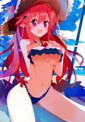 Rule 34 | 1girl, absurdres, beach, bikini, breasts, demon girl, disgaea, earrings, hair ornament, hairclip, hat, highres, jewelry, large breasts, long hair, makai senki disgaea, makai senki disgaea 5, nanozenzen, navel, open mouth, pink hair, pointy ears, red eyes, seraphina (disgaea), solo, sun hat, swimsuit, underboob