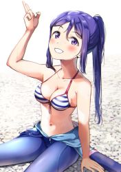 Rule 34 | 1girl, arm up, bare arms, bare shoulders, bikini, blush, bodysuit, breasts, cleavage, collarbone, commentary request, diving suit, front-tie bikini top, front-tie top, grin, hair between eyes, long hair, looking at viewer, love live!, love live! sunshine!!, matsuura kanan, medium breasts, navel, ponytail, purple eyes, purple hair, shaka (staito0515), sitting, smile, solo, striped bikini, striped clothes, swimsuit, very long hair, wet, wetsuit